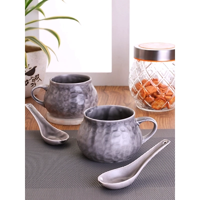 Ceramic Creme Soup Bowl & Cup with Spoon ,300ml, Set of 2+2 (HA3)