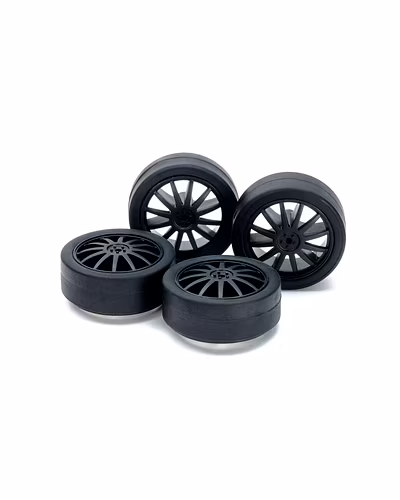 Tamiya 15534 Mini 4WD Low Friction Small Dia. Low-Profile Tires (26mm) &amp; Carbon Wheels (Fin Type)-15534