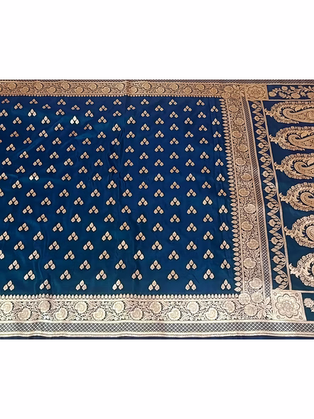 Navy Blue Katan Silk Saree Triple Buti - Exquisite Traditional Elegance