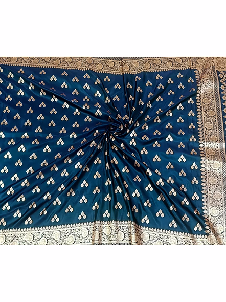 Navy Blue Katan Silk Saree Triple Buti - Exquisite Traditional Elegance-4