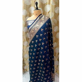 aanchal navy blue katan silk saree triple buti - exquisite traditional elegance