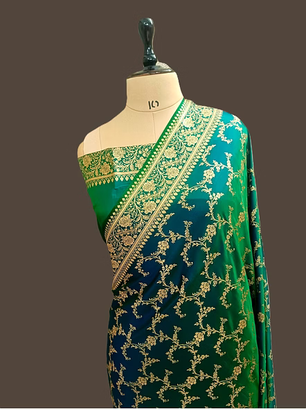 Rama Green Katan Silk Banarasi Jaal Saree by Aanchal Fabric