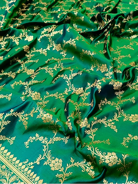 Rama Green Katan Silk Banarasi Jaal Saree by Aanchal Fabric-4