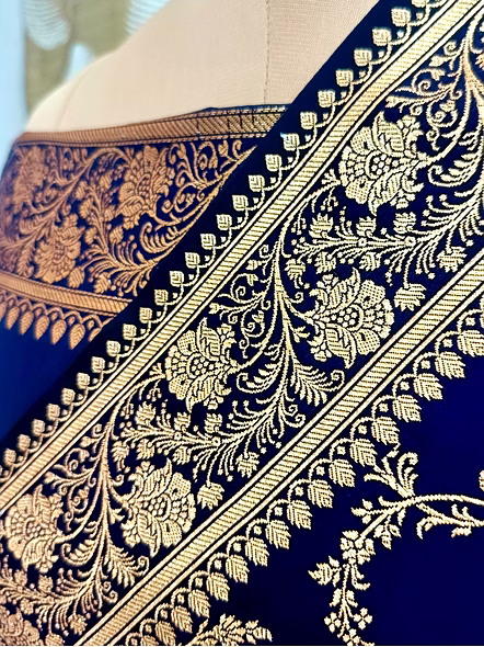 Navy Blue Katan Silk Saree Banarasi Jaal - Elegant Ethnic Attire for Timeless Elegance-2