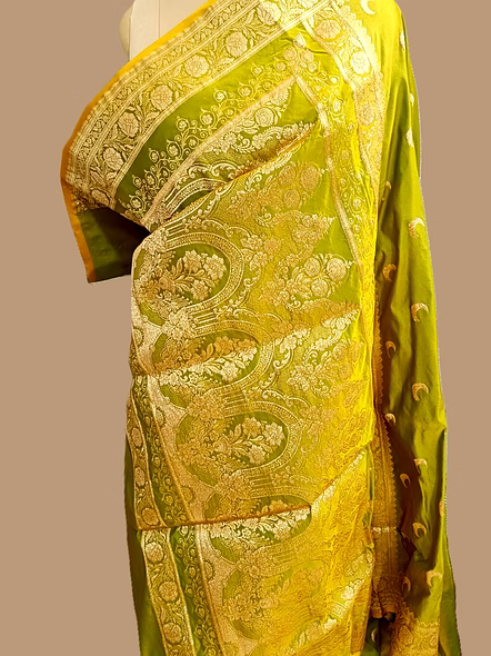 Lemon Green Katan Silk Banarasi Saree - Exquisite Indian Ethnic Wear-3