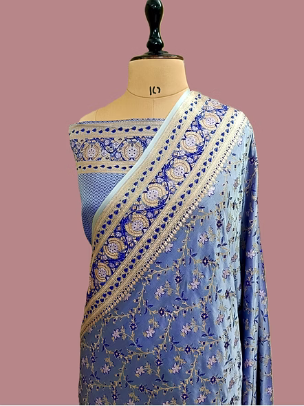 Sky Blue Katan Silk Banarasi Jamdani Patola Saree - Handcrafted Elegance