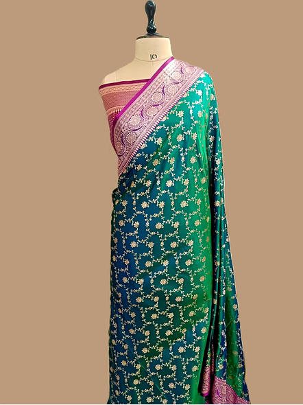 Exquisite Bottle Green Katan Silk Saree with Banarasi Contras Border Jaal-1