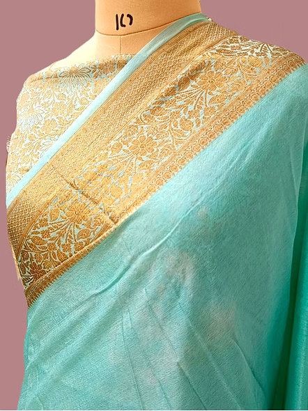 Firozi Plain Zari Border Georgette Saree - Elegant Indian Ethnic Wear-2