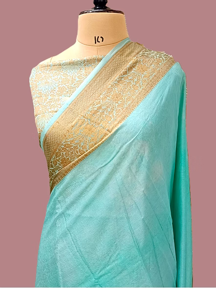 Firozi Plain Zari Border Georgette Saree - Elegant Indian Ethnic Wear