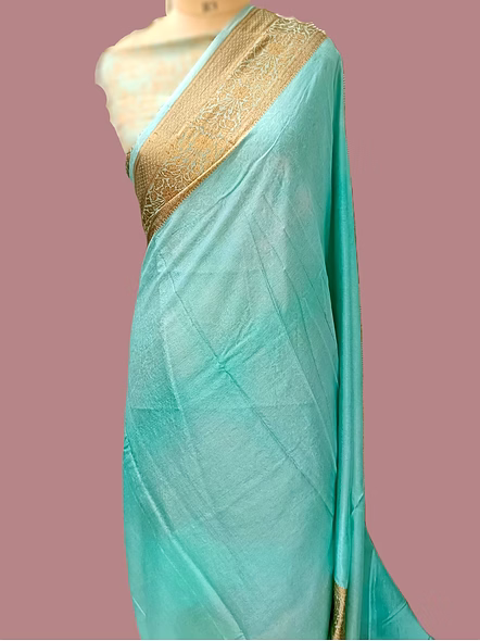 Firozi Plain Zari Border Georgette Saree - Elegant Indian Ethnic Wear