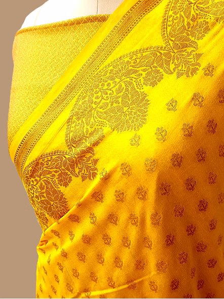 Yellow Georgette Silk Saree with Copper Zari Brocade Blouse - Elegant Indian Ethnic Wear