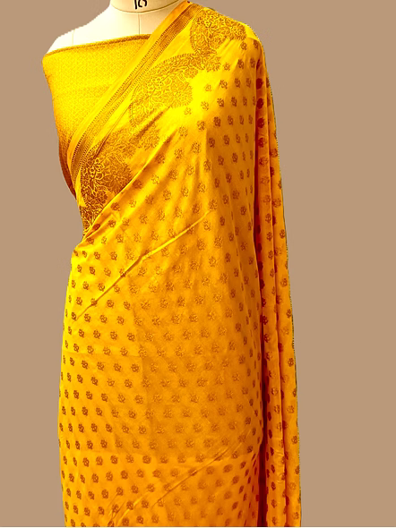 Yellow Georgette Silk Saree with Copper Zari Brocade Blouse - Elegant Indian Ethnic Wear
