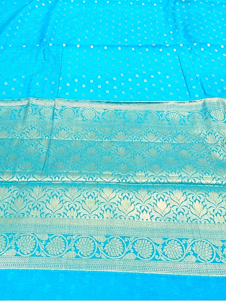 Firozi Georgette Silk Saree with Intricate Brocade Blouse-3