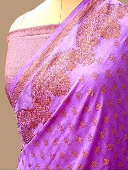 Exquisite Purple Georgette Silk Saree with Copper Zari Brocade Blouse-1