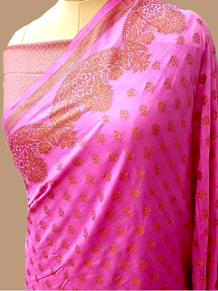 Pink Georgette Silk Saree with Copper Zari Brocade Blouse