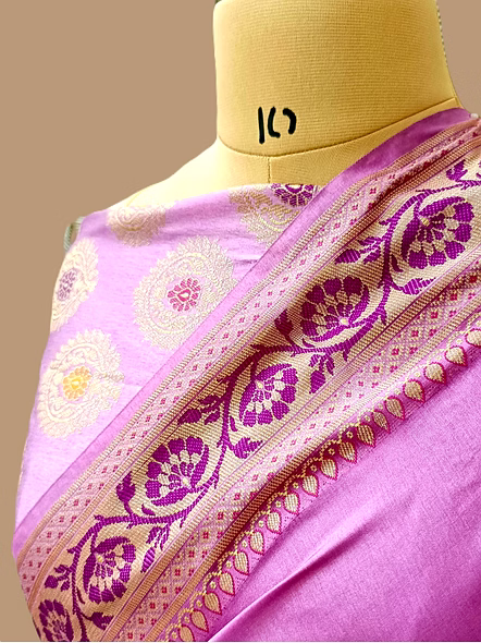 Pink Plain Dupion Silk Saree with Brocket Blouse-1