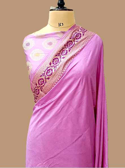 Pink Plain Dupion Silk Saree with Brocket Blouse