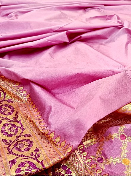 Pink Plain Dupion Silk Saree with Brocket Blouse-3