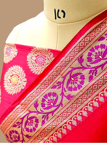 Red Plain Dupion Silk Saree with Brocket Blouse-2