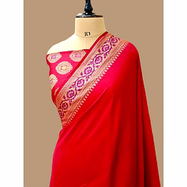 aanchal red plain dupion silk saree with brocket blouse