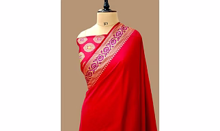 Red Plain Dupion Silk Saree with Brocket Blouse