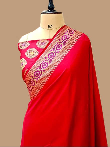 Red Plain Dupion Silk Saree with Brocket Blouse-AF-0023-DP-RD