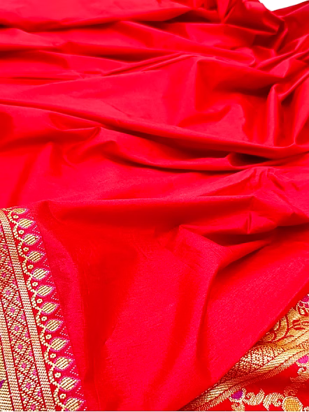Red Plain Dupion Silk Saree with Brocket Blouse-4