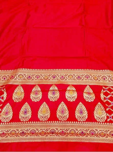 Red Plain Dupion Silk Saree with Brocket Blouse-3