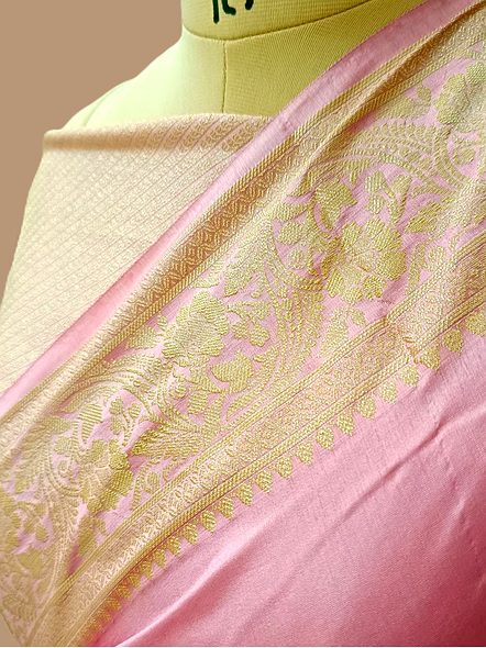 Pink Plain Dupion Silk Saree Brocket Blouse - Indian Ethnic Wear for Special Occasions-1