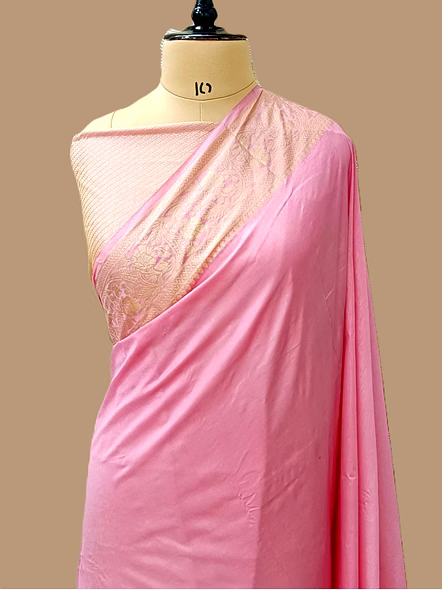 Pink Plain Dupion Silk Saree Brocket Blouse - Indian Ethnic Wear for Special Occasions