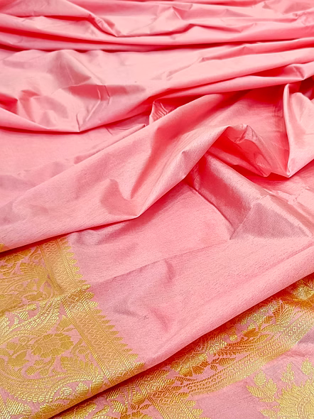 Pink Plain Dupion Silk Saree Brocket Blouse - Indian Ethnic Wear for Special Occasions-3