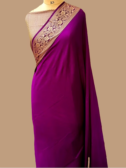 Purple Plain Dupion Silk Saree with Brocket Blouse-1