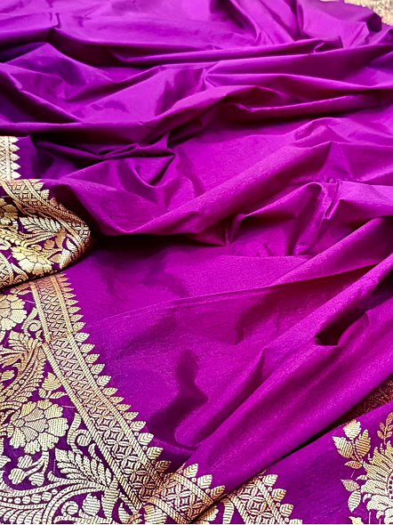 Purple Plain Dupion Silk Saree with Brocket Blouse-4