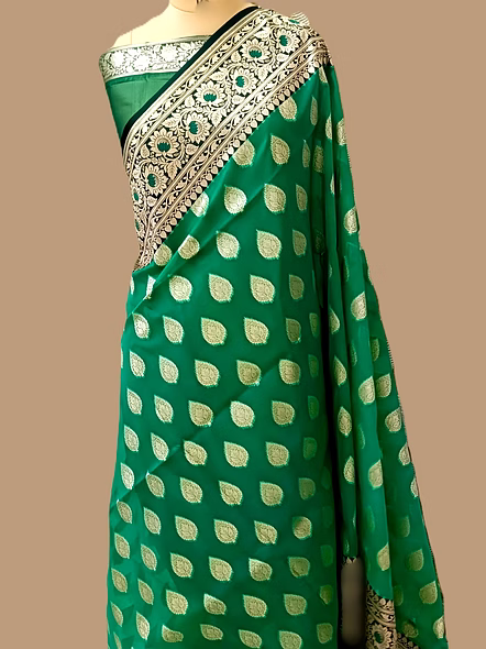 Exquisite Sea Green Kora Saree with Contrasting Satin Border-1