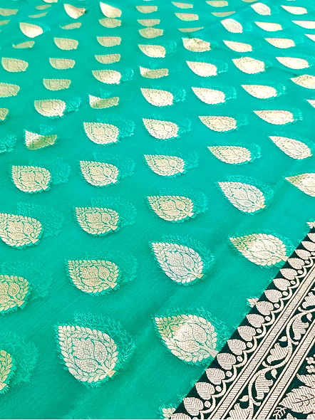 Exquisite Sea Green Kora Saree with Contrasting Satin Border-2