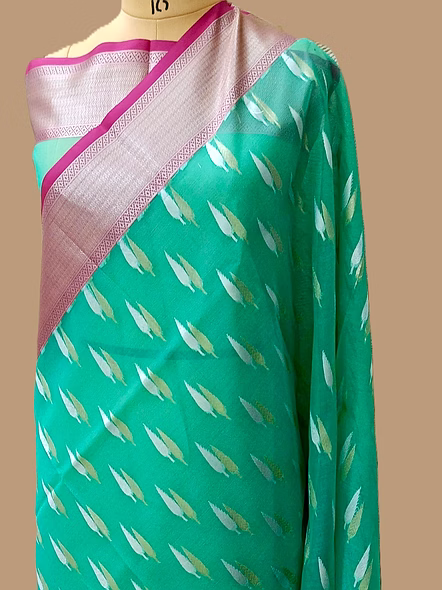 Exquisite Sea Green Kora Saree with Contrast Border and Silver Gold Buti-AF-0013-KR-SGN