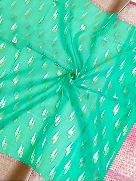 Exquisite Sea Green Kora Saree with Contrast Border and Silver Gold Buti-4