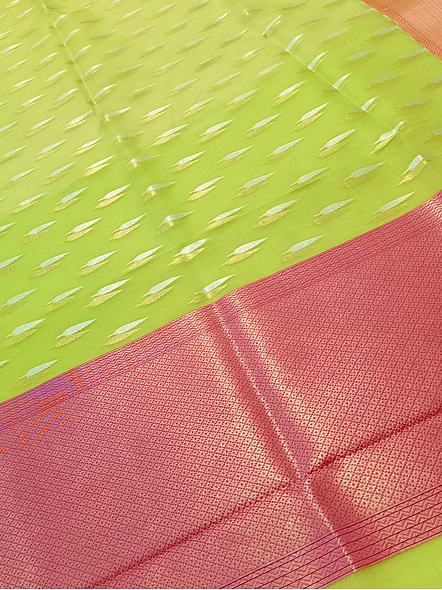 Green Kora Saree Silver Gold Buti Contras Border - Elegant Indian Ethnic Wear-3