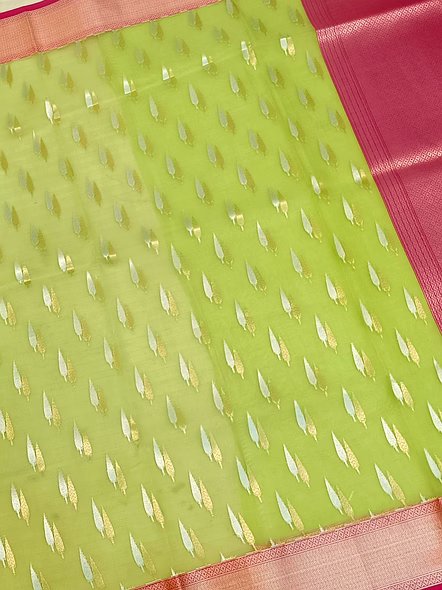 Green Kora Saree Silver Gold Buti Contras Border - Elegant Indian Ethnic Wear-1