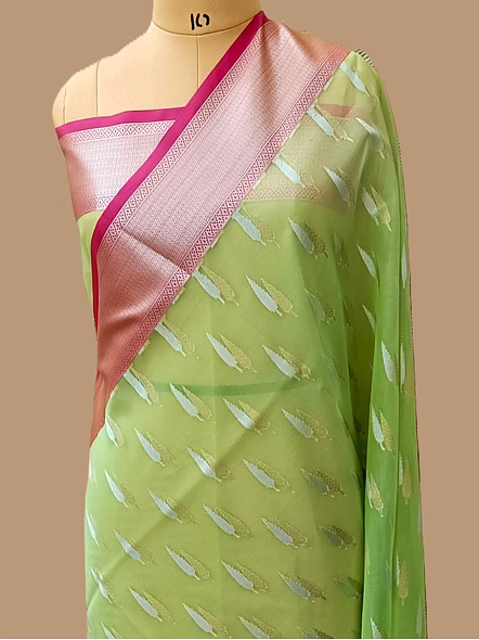 Green Kora Saree Silver Gold Buti Contras Border - Elegant Indian Ethnic Wear-AF-0013-KR-GN