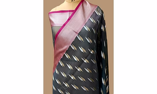 Exquisite Gray Kora Saree with Silver Gold Buti Design