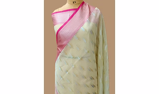 Elegant White Kora Saree with Silver Gold Buti & Contrast Border - A Timeless Beauty