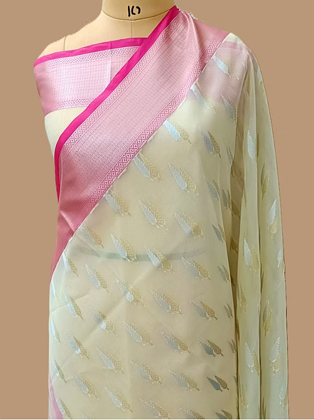 Elegant White Kora Saree with Silver Gold Buti & Contrast Border - A Timeless Beauty