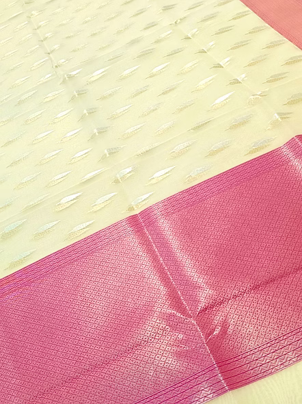 Elegant White Kora Saree with Silver Gold Buti &amp; Contrast Border - A Timeless Beauty-3