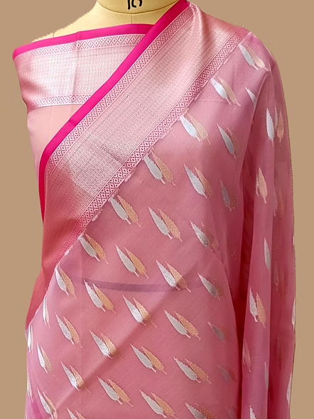 Elegant Pink Kora Saree with Silver and Gold Buti Contras Border-AF-0013-KR-PN