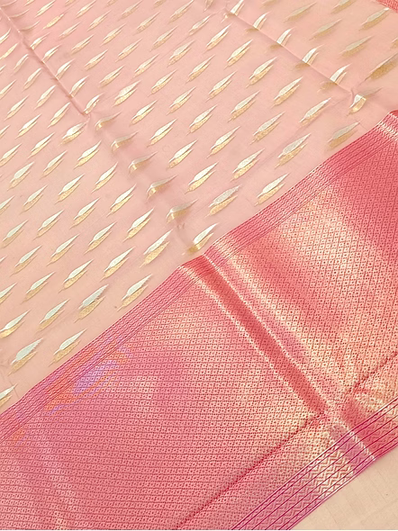 Elegant Pink Kora Saree with Silver and Gold Buti Contras Border-3