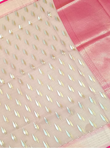 Elegant Pink Kora Saree with Silver and Gold Buti Contras Border-1