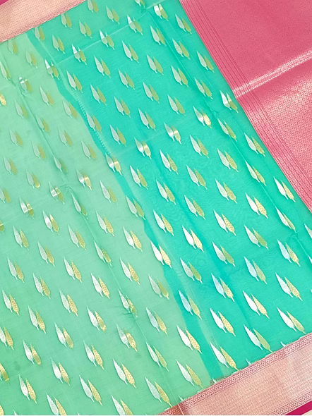 Exquisite Sea Green Kora Saree with Contrast Border and Silver Gold Buti-1