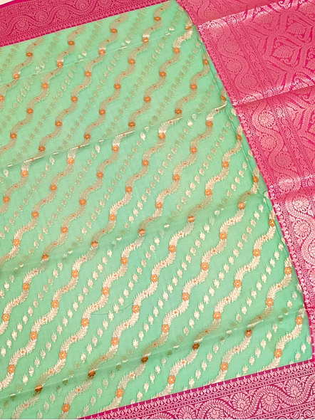 Exquisite Sea Green Kora Saree with Contrast Border