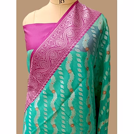 aanchal exquisite sea green kora saree with contrast border